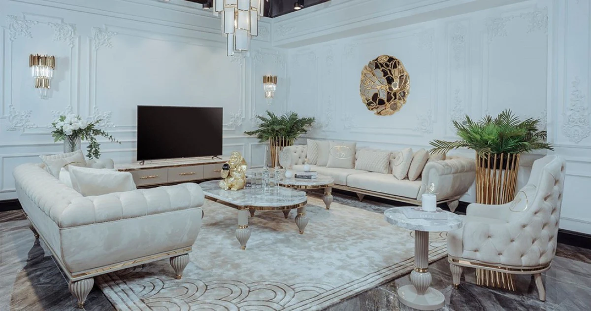 Luxury Art Deco Living Room Sofa Cream / Gray / Gold - Art Deco Living Room Furniture - Luxury Collection