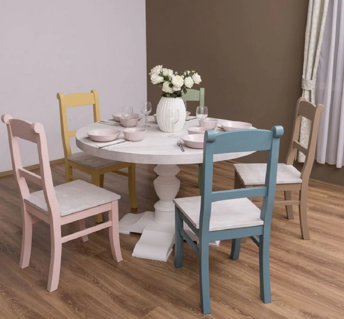 Country house style dining room furniture set light gray / colorful - 1 dining table & 5 dining room chairs - solid wood dining room furniture - country house style furniture