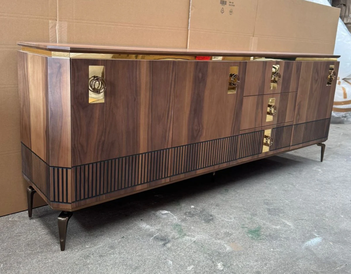 Luxus Sideboard mit 3 Türen und 3 Schubladen Braun / Schwarz / Gold 200 cm