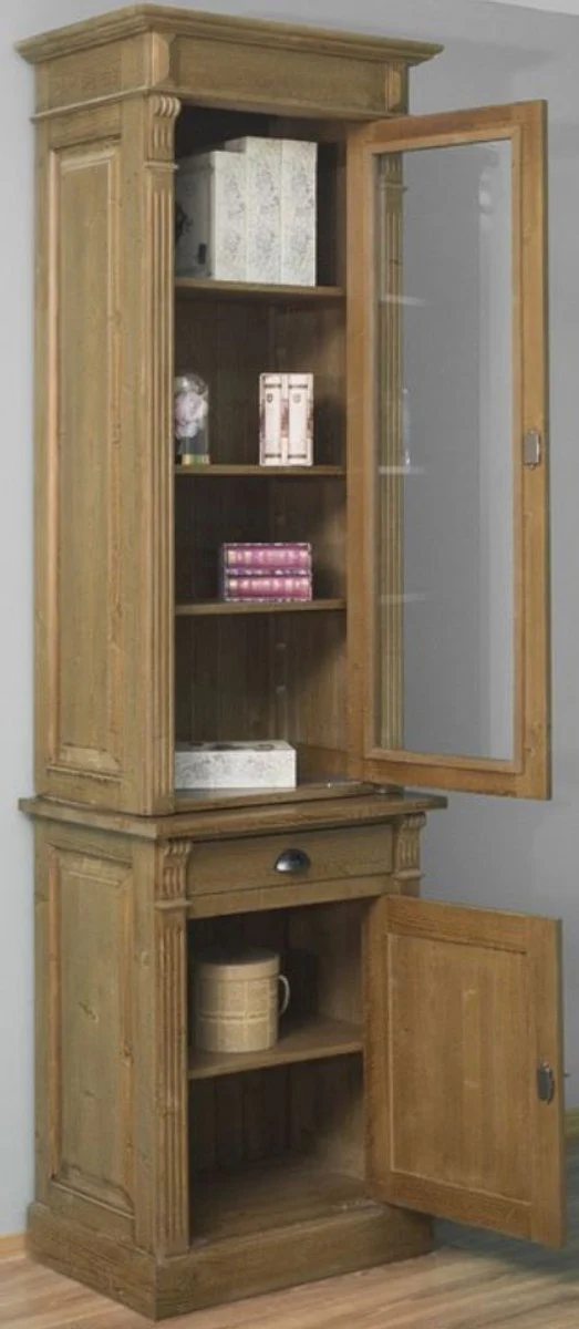 Country house style shelf cabinet brown 73 x 51 x H. 240 cm - solid wood cabinet with 2 doors and drawer - bookcase in country house style