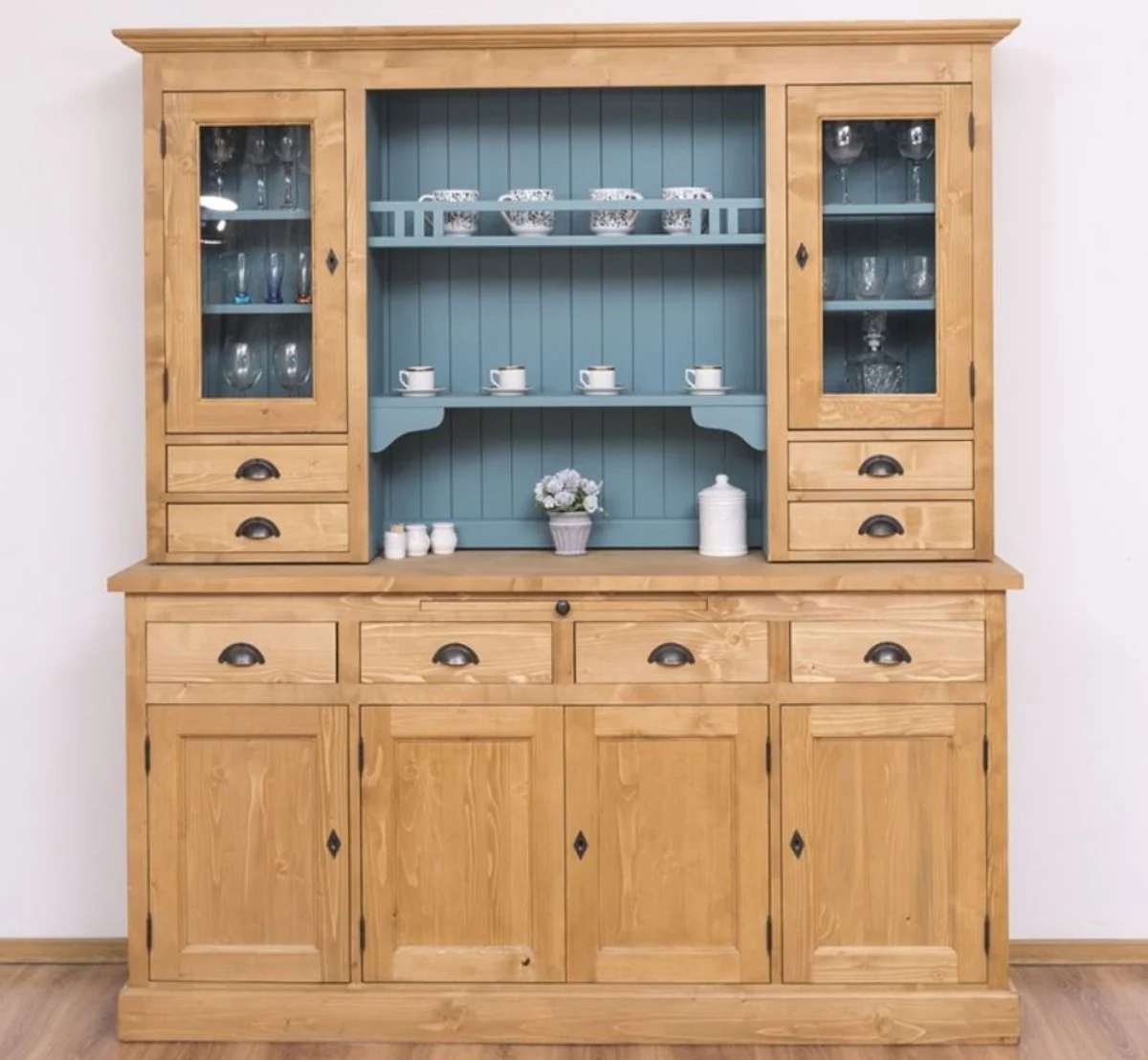 Country house style kitchen cabinet natural colors / light blue 180 x 50 x H. 197 cm - solid wood dining room cabinet - dining room furniture in country house style