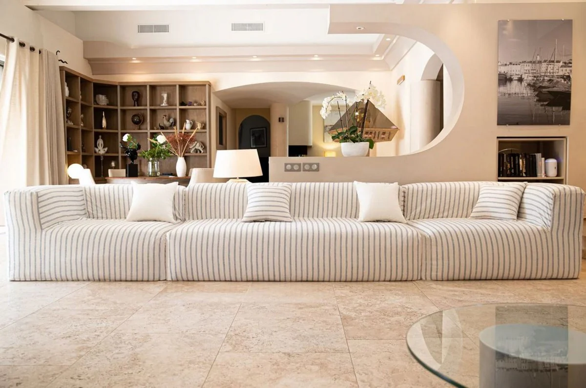 Luxury living room sofa with stripes white / blue 450 cm