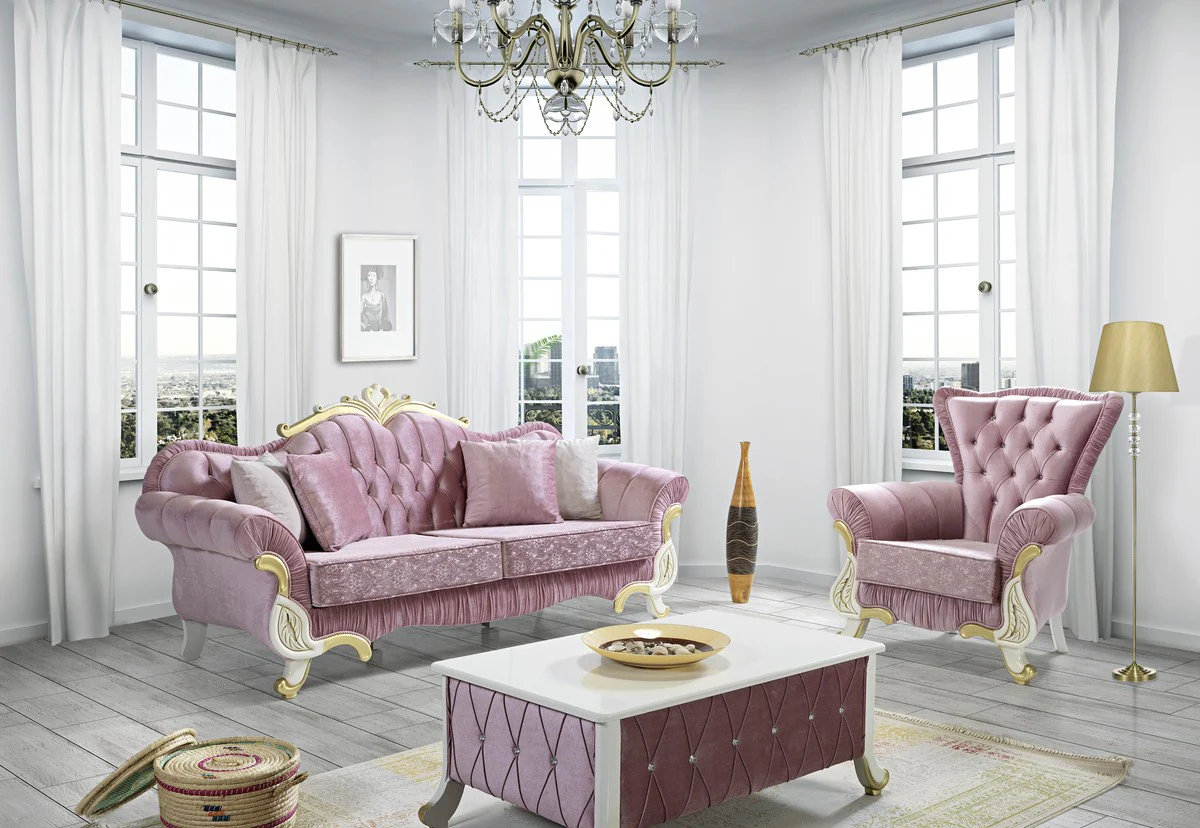 Baroque living room sofa with glittering stones pink / white / gold 228 x 105 x H. 85 cm - noble & magnificent