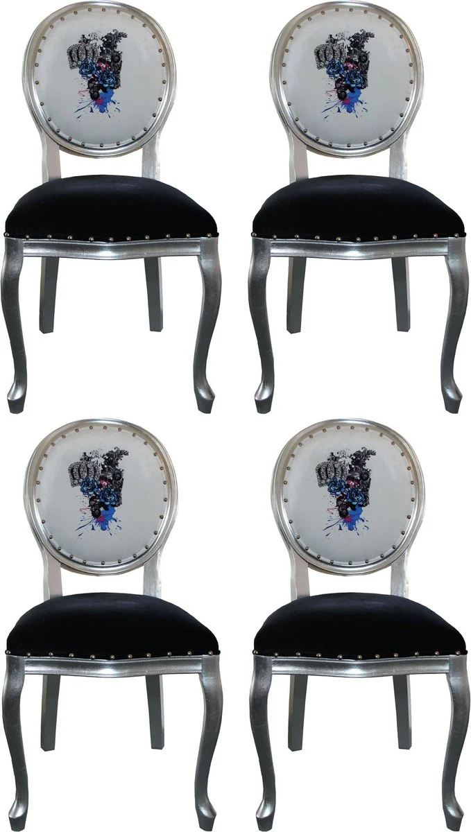 Pompöös by Luxury Baroque Dining Room Chairs Black / White / Silver 50 x 60 x H. 104 cm - Pompöös Baroque Chairs designed by Harald Glööckler - 4 dining room chairs