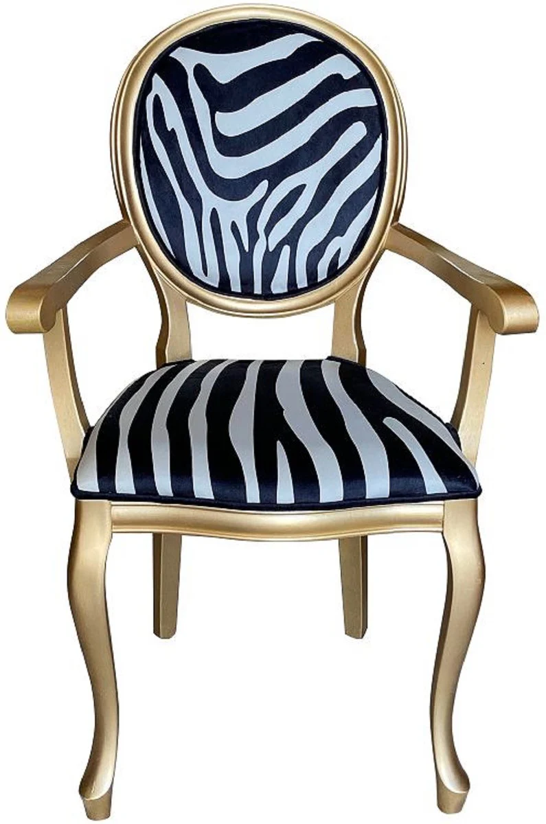 Baroque dining room chair black / white / gold - handmade antique style chair with armrests and zebra design - dining room furniture in baroque style