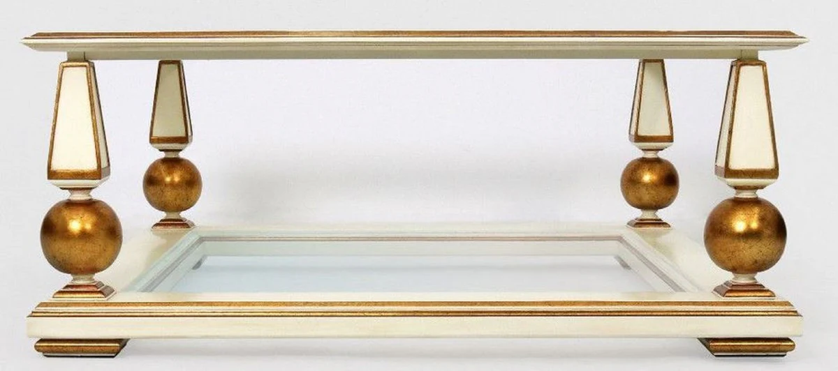 Luxury baroque coffee table white / antique gold 113 x 113 x H. 47 cm - magnificent solid wood living room table with glass tops - baroque living room furniture