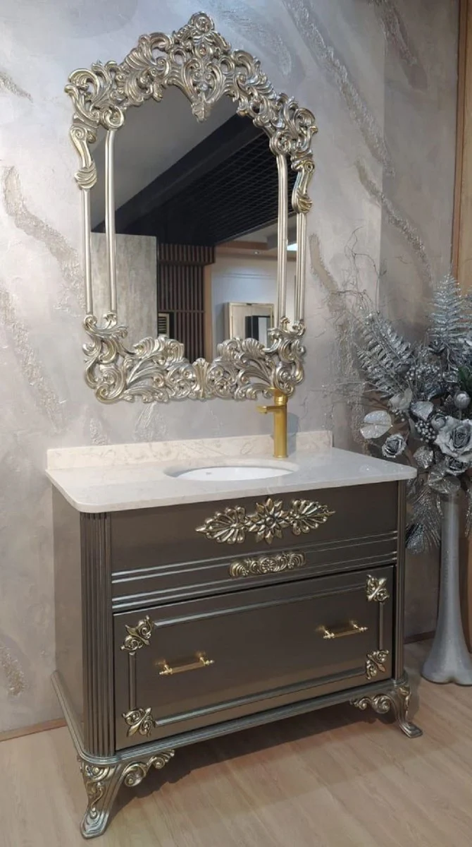 Baroque bathroom set silver / white - 1 washbasin with marble top and ceramic washbasin & 1 wall mirror - Magnificent baroque bathroom furniture