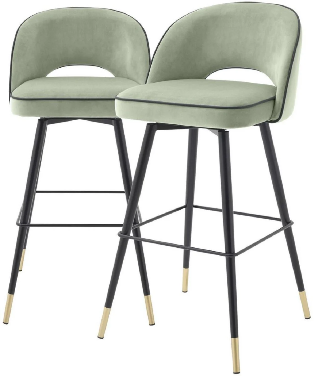 Luxury bar chair set pistachio green / black / brass 51 x 52 x H. 103 cm - Bar chairs with swivel seat and elegant velvet fabric - Luxury bar furniture