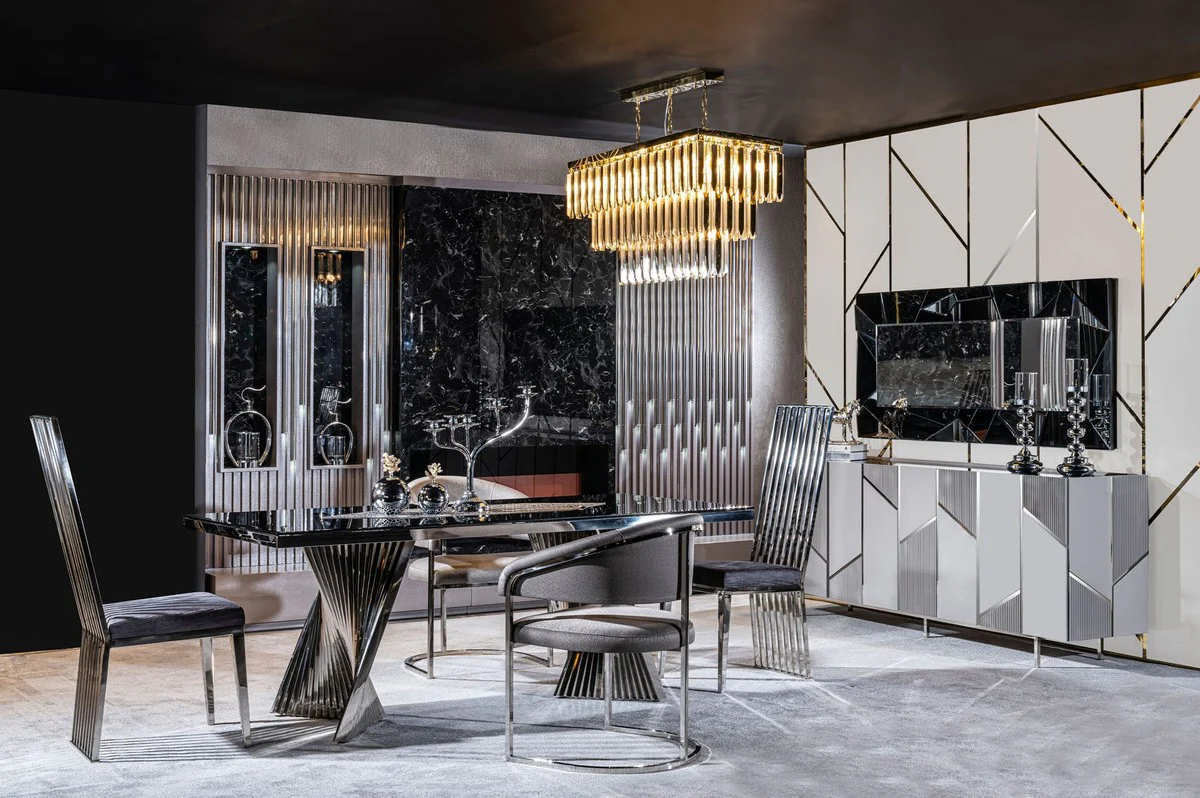 Luxury dining table black / silver 200 x 100 x H. 76 cm - Rectangular dining room table with glass top - Dining room furniture - Luxury furniture - Luxury dining room furnishings