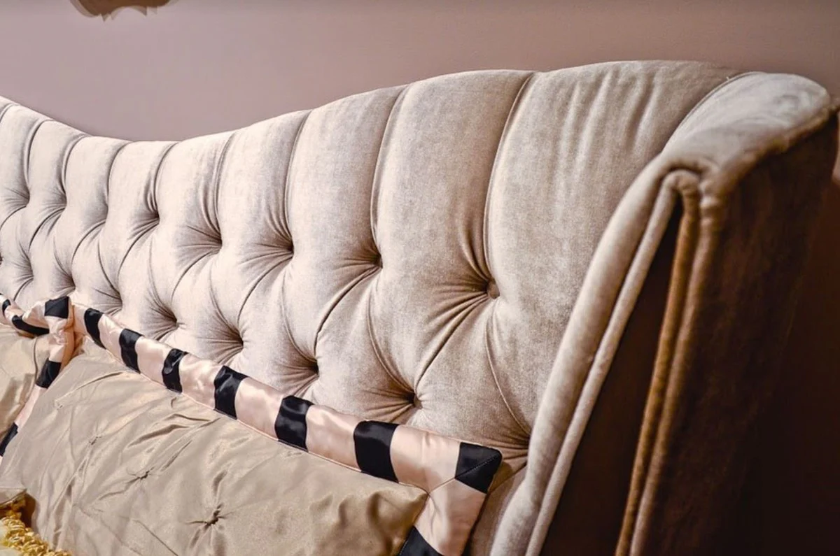 Neoclassical double bed gray / dark brown 240 x 230 x H. 134 cm - solid wood bed with headboard and elegant velor fabric - bedroom furniture in neoclassical style