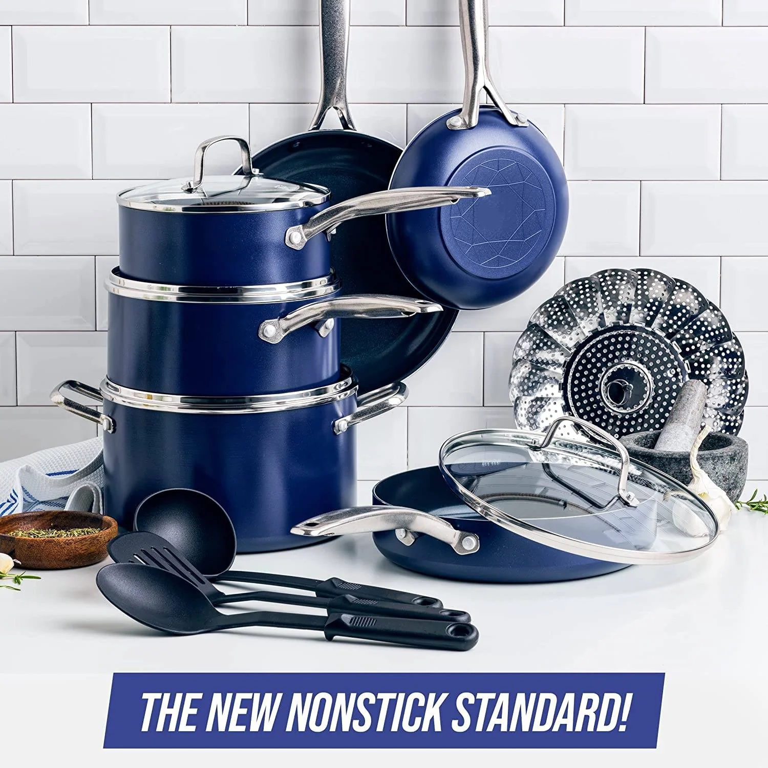 Diamond Cookware Diamond Infused Ceramic Antihaft-Kochgeschirr-Set, 14-teilig, Töpfe und Pfannen, PFAS-frei, spülmaschinenfest, ofenfest, blau