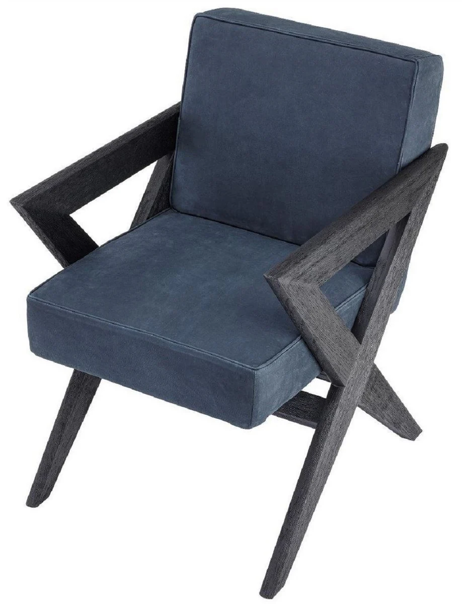 Luxury genuine leather dining room chair with armrests blue / black 59 x 74 x H. 88 cm - kitchen chair with elegant nubuck buffalo leather - luxury dining room furniture