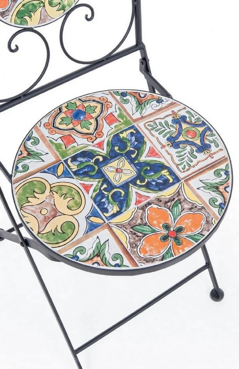 Art Nouveau garden chair set of 6 black / multicolored 39 x 47 x H. 92 cm - folding chairs with elegant ceramic plates - nostalgic garden and catering furniture