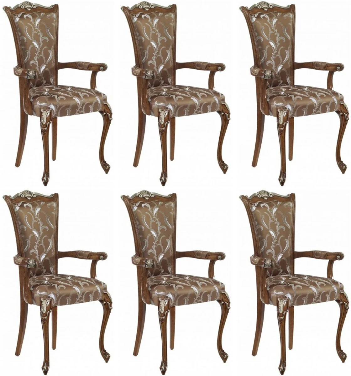 Luxury Baroque Dining Room Chair Set Brown / White / Silver - Handmade Kitchen Chairs Set of 6 with Armrests - Baroque Dining Room Furniture - Luxury Quality - Made in Italy