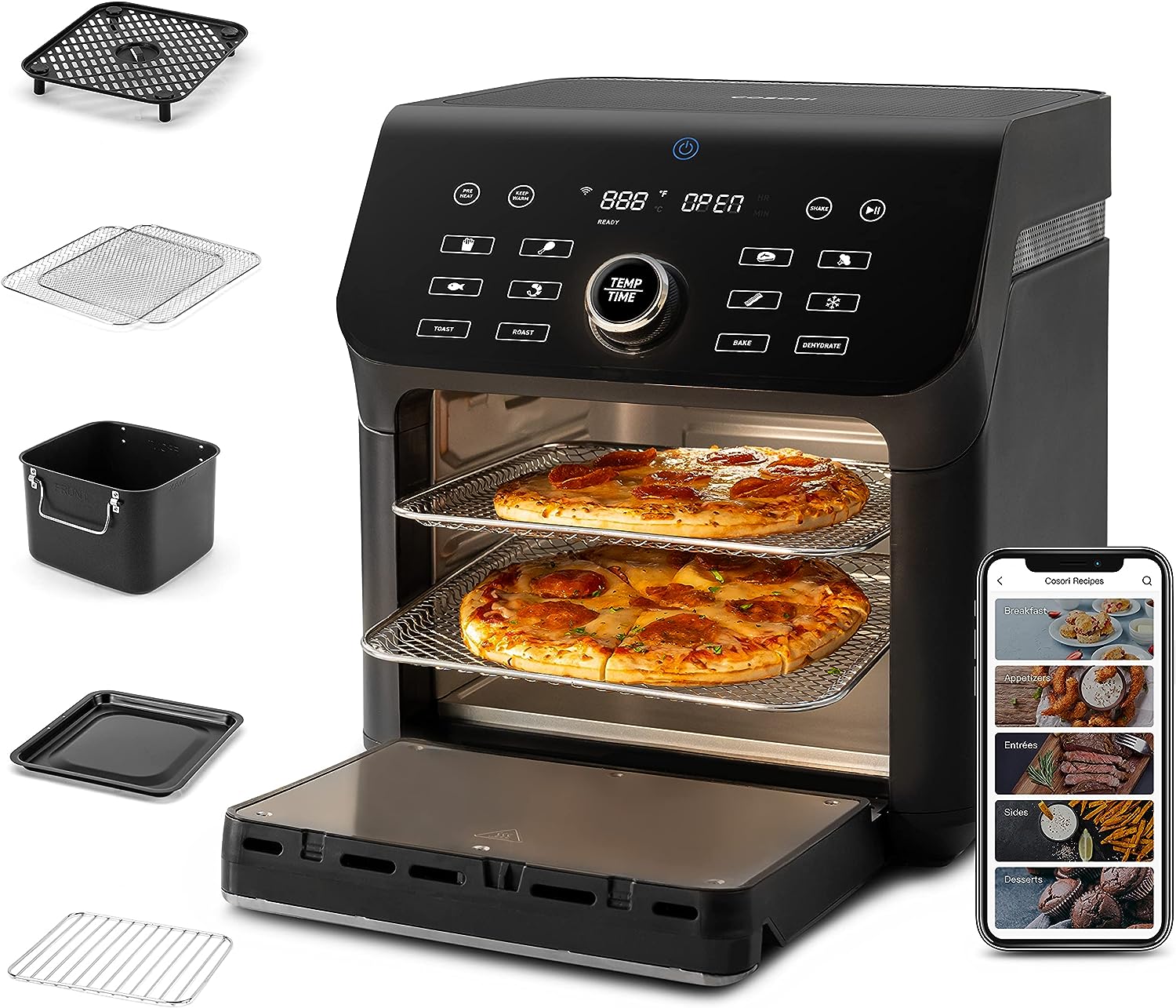 COSORI Air Fryer Toaster Oven Combo, 10 Qt Family Oven Größe 14-in-1 Funktionen (1000+ APP Rezepte), Geschirrspüler-Safe Zubehör mit Roast Tray und Dehydrate Racks, Schwarz