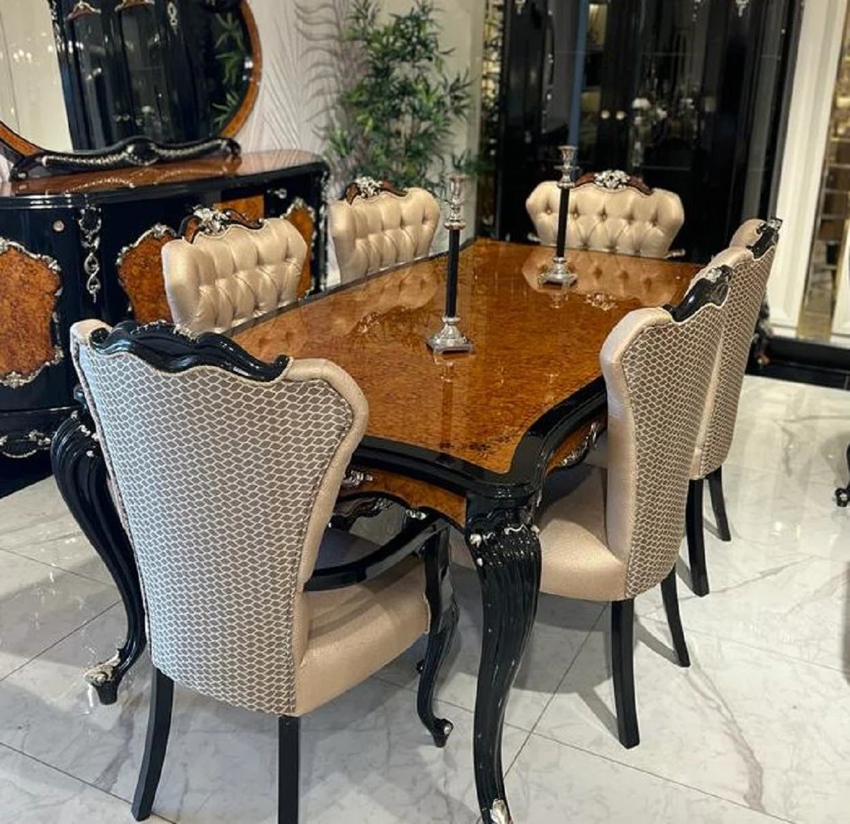 Luxury Baroque Dining Room Set Gold / Brown / Black / Silver - 1 Baroque Dining Table & 6 Baroque Dining Chairs - Baroque Dining Room Furniture - Noble & Magnificent