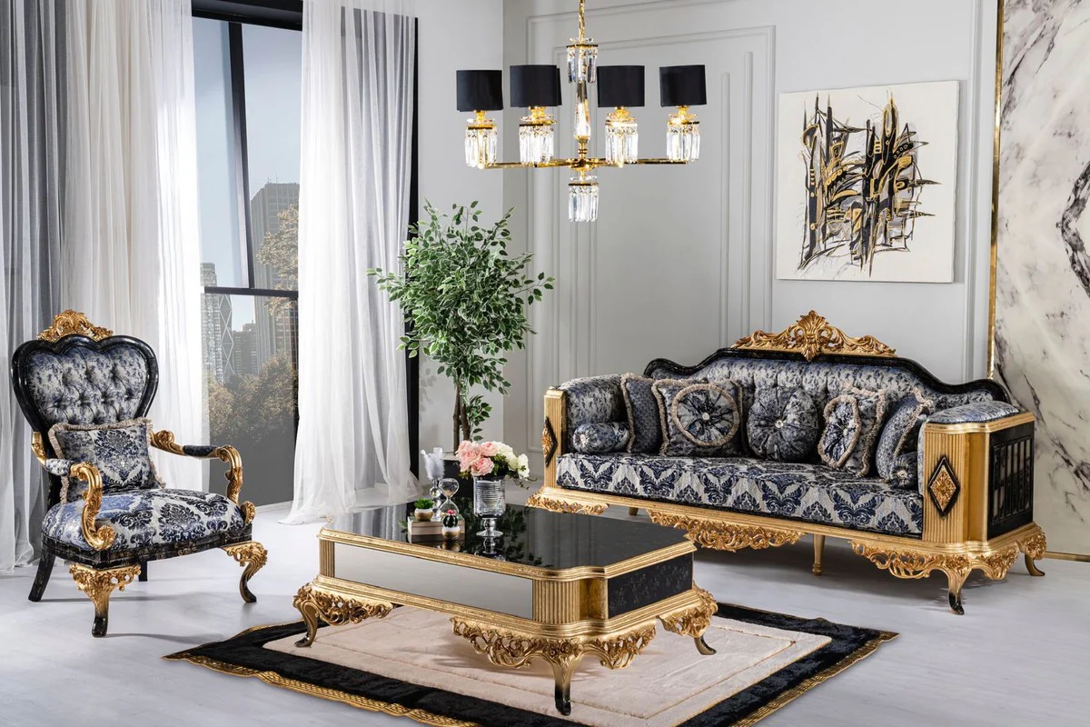 Luxury Baroque Sofa Blue / Black / Gold - Magnificent Living Room Sofa - Baroque Style Living Room Furniture - Luxury Furniture in Baroque Style - Baroque Living Room Furnishings