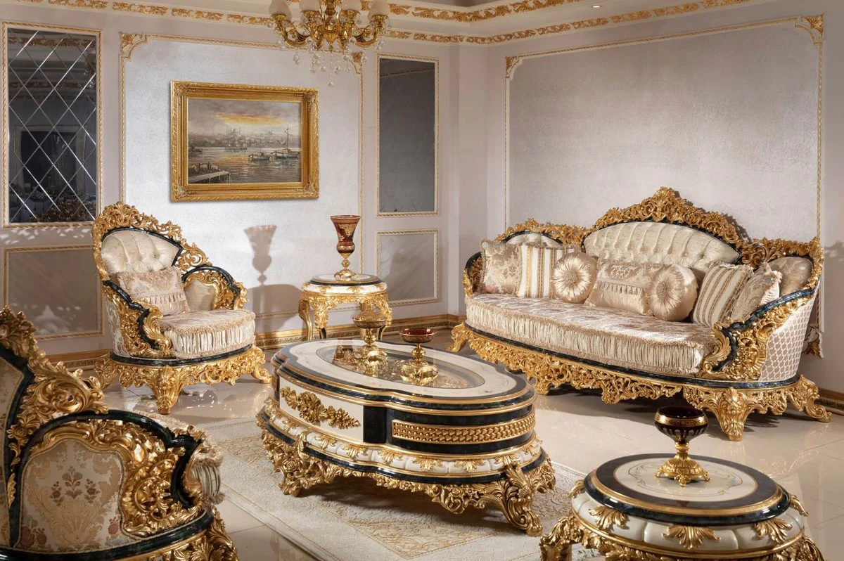 Luxury Baroque Sofa Gold / Multicolored / Blue / Gold - Magnificent Living Room Sofa with Elegant Pattern - Baroque Living Room Furniture - Noble & Magnificent
