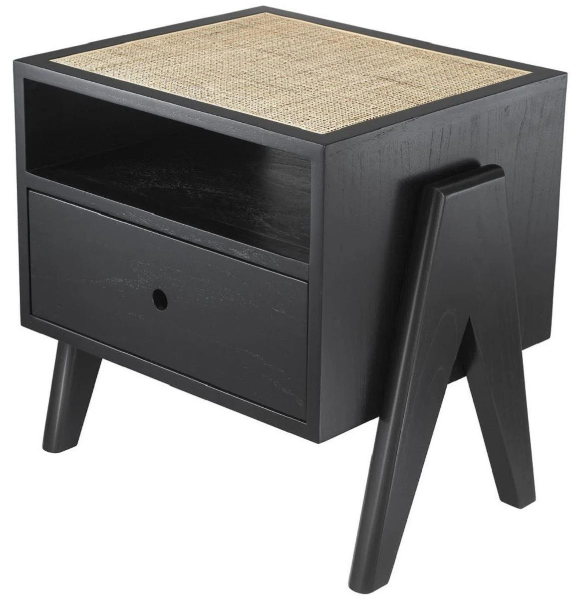 Luxury bedside table black / natural colors 58 x 45 x H. 55.5 cm - solid wood side table with rattan weave - luxury bedroom furniture