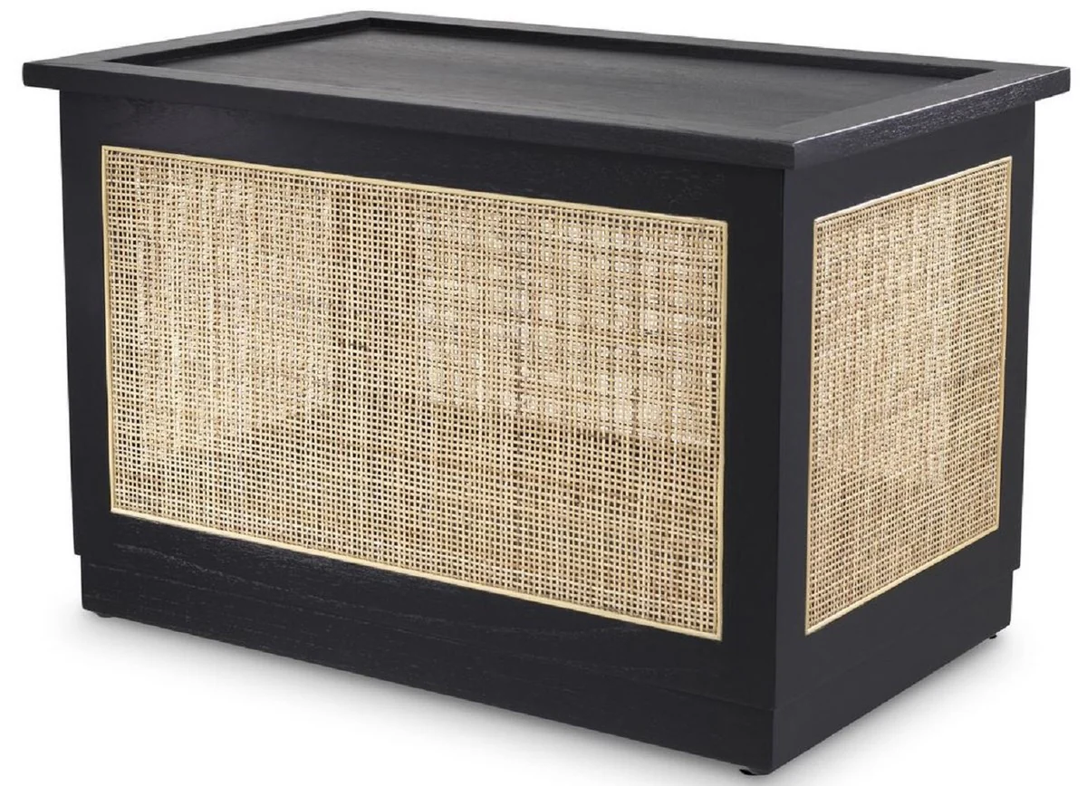 Luxury chest with lid black / natural color 72 x 46 x H. 48 cm - solid wood chest with rattan weave - luxury furniture