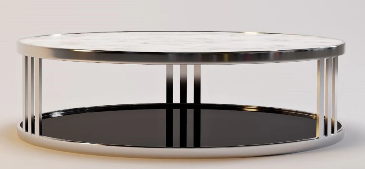 Luxury coffee table silver / white / black Ø 115 x H. 33 cm - Round living room table with marble top and tinted glass top - Luxury furniture