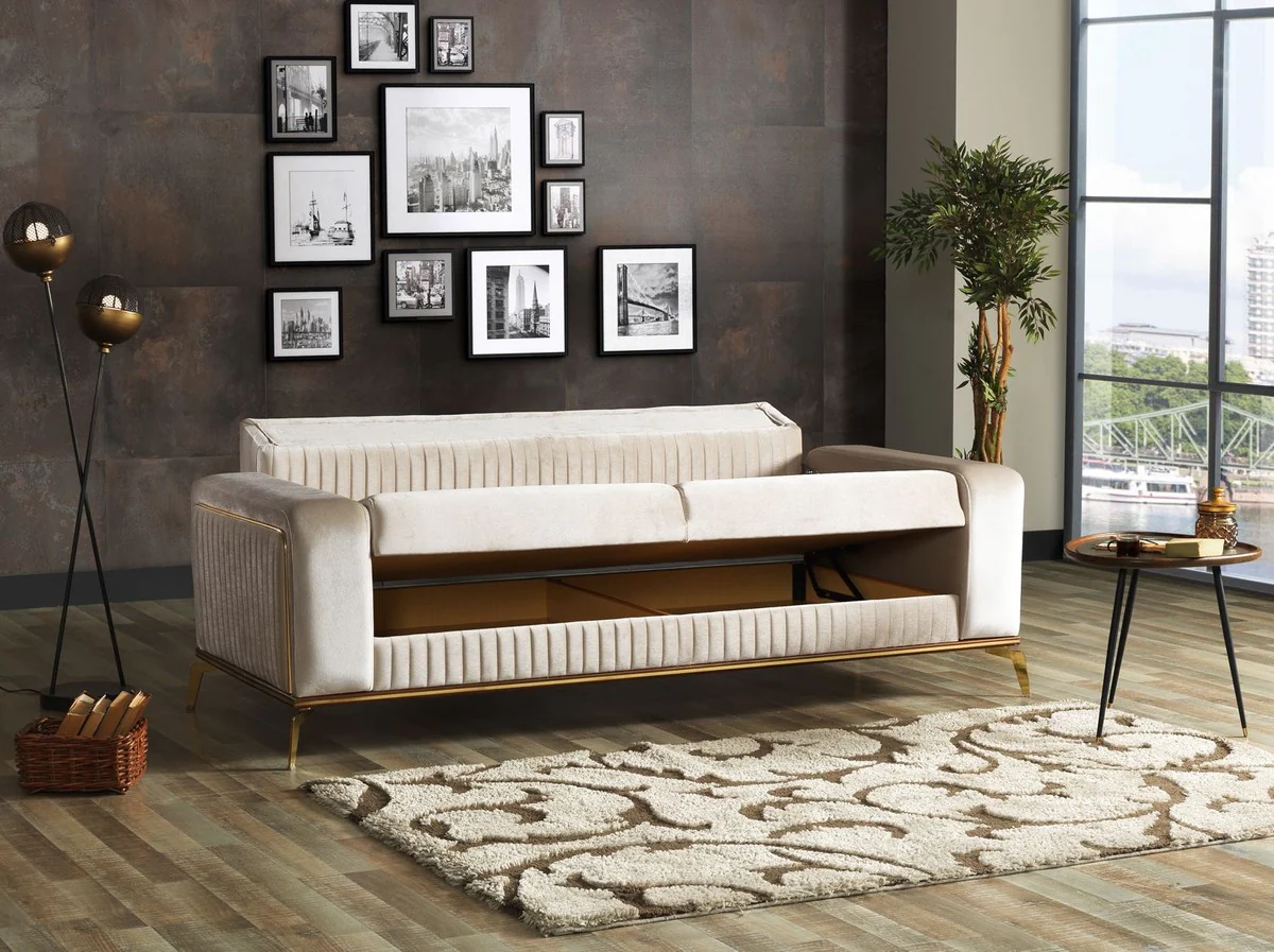 Luxury sofa bed cream / brown / gold 225 x 92 x H. 83 cm - living room sofa with 3 cushions - luxury living room furniture