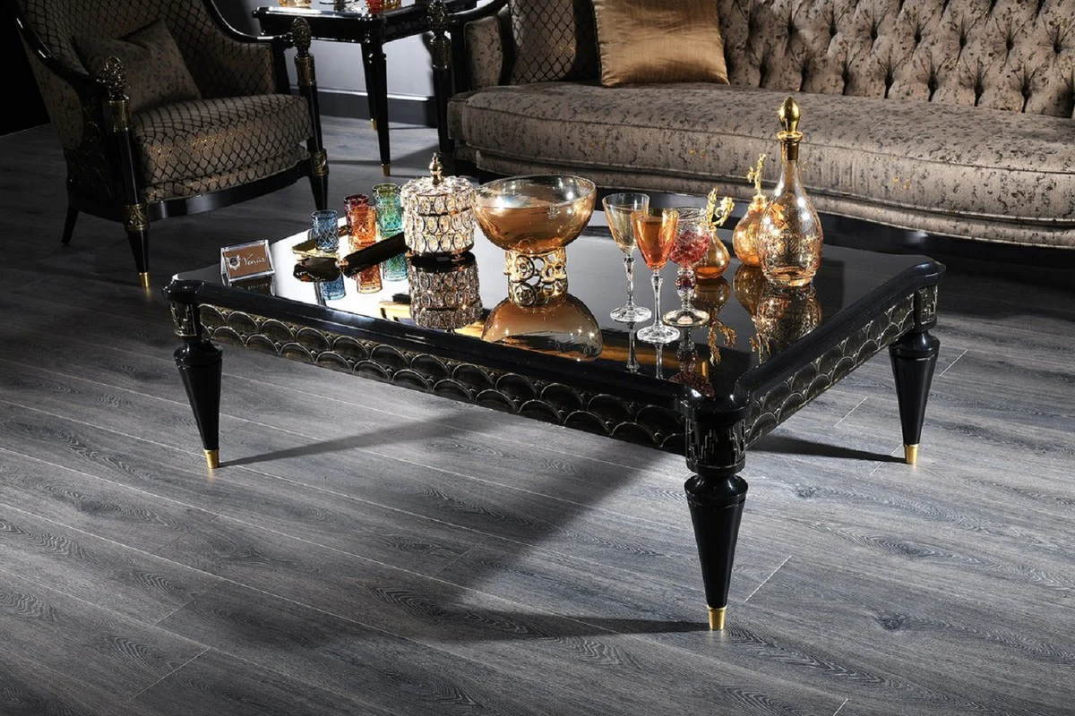 Luxus Barock Wohnzimmer Set Silbergrau / Schwarz / Gold - 2 Sofas & 2 Sessel & 1 Couchtisch & 2 Beistelltische - Prunkvolle Barock Möbel - Luxus Qualität