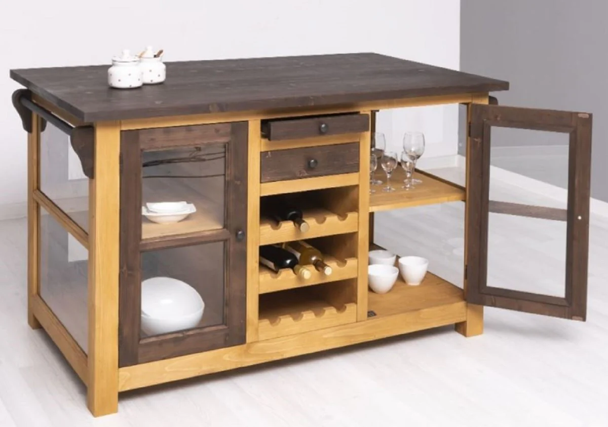 Country house style kitchen island brown / natural colors 150 x 90 x H. 90 cm - solid wood kitchen cabinet - country house style solid wood kitchen furniture - solid wood dining room furniture in country house style