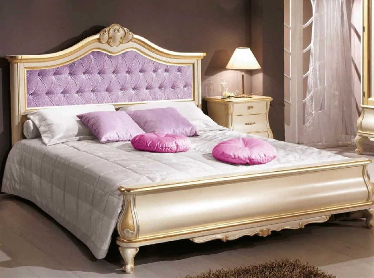 Luxury Baroque double bed purple / cream / gold - Magnificent solid wood bed in Baroque style - Baroque bedroom & hotel furniture - Luxury quality - Made in Italy