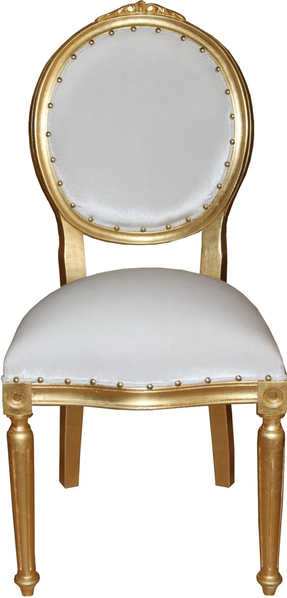 Baroque medallion luxury dining chair without armrests in white / gold - Limited Edition