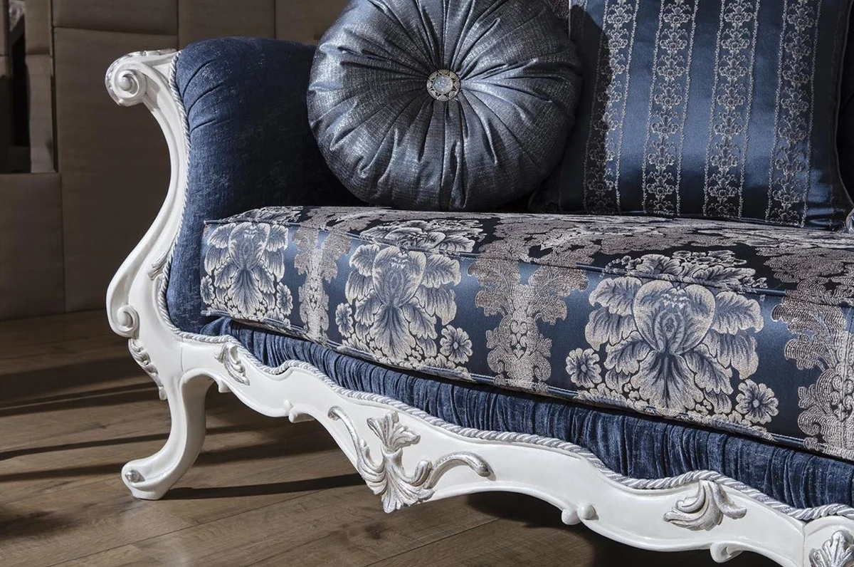 Luxury baroque living room sofa with pattern and decorative pillows blue / white / silver 240 x 90 x H. 120 cm - Magnificent baroque furniture