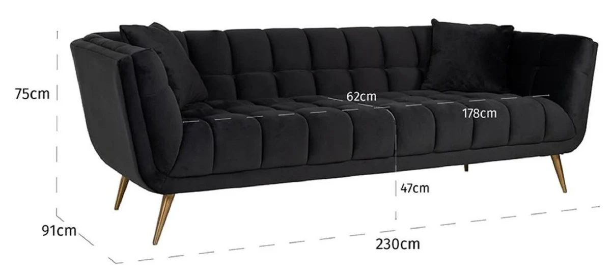 Luxury velvet sofa anthracite / gold 230 x 91 x H. 75 cm - living room sofa - living room furniture - luxury furniture - living room furnishings - luxury furnishings - luxury quality