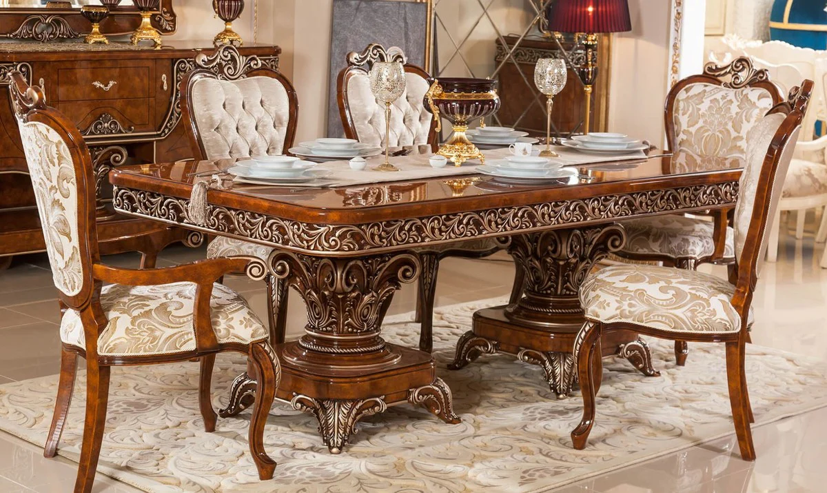 Luxury Baroque Dining Room Set Brown / Gold / Bronze - 1 Baroque Dining Table & 6 Baroque Dining Chairs - Baroque Dining Room Furniture - Luxury Furniture in Baroque Style - Noble & Magnificent