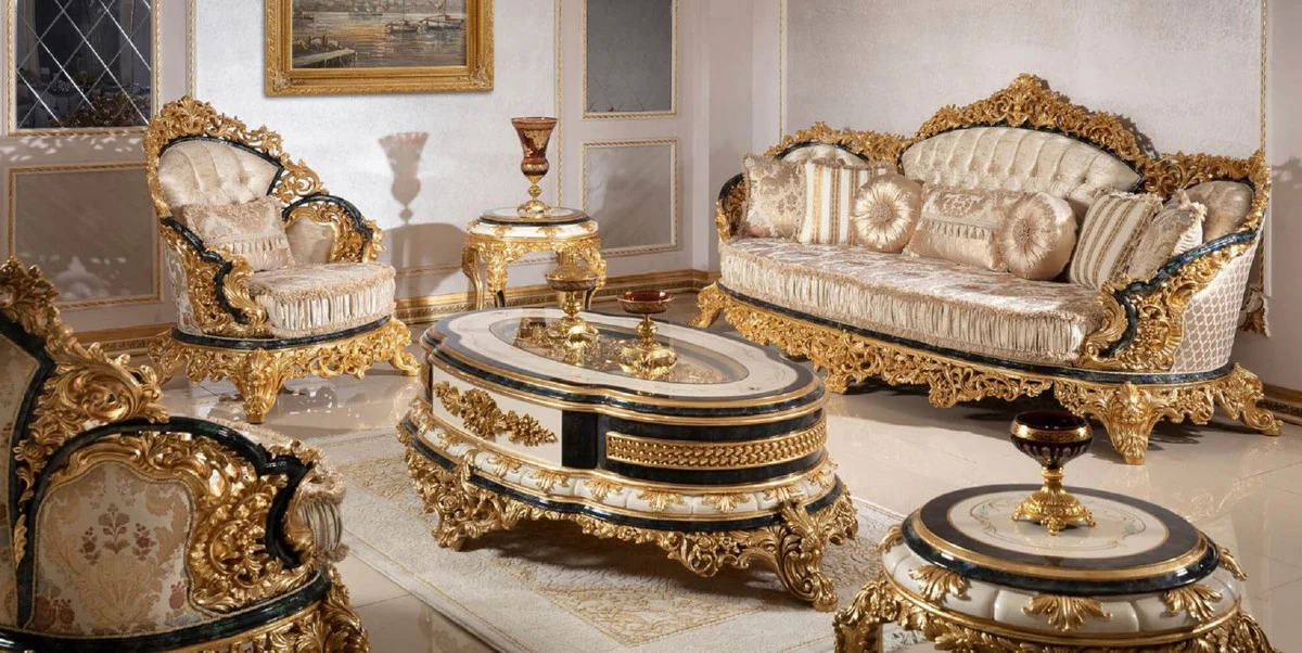 Luxus Barock Wohnzimmer Set Gold / Weiß / Blau / Gold - 2 Sofas & 2 Sessel & 1 Couchtisch & 2 Beistelltische - Handgefertigte Wohnzimmer Möbel im Barockstil - Edel & Prunkvoll