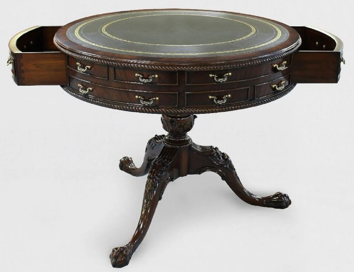 Luxury Baroque side table brown / green / gold Ø 91 x H. 76 cm - Round mahogany table with 14 drawers and real leather - Baroque mahogany furniture