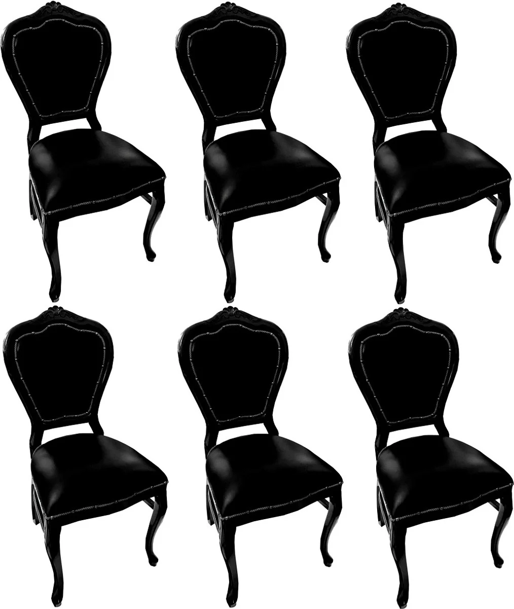 Luxury Baroque dining room set black / black 45 x 47 x H. 99 cm - 6 handmade solid wood dining chairs with real leather - Baroque dining room furniture
