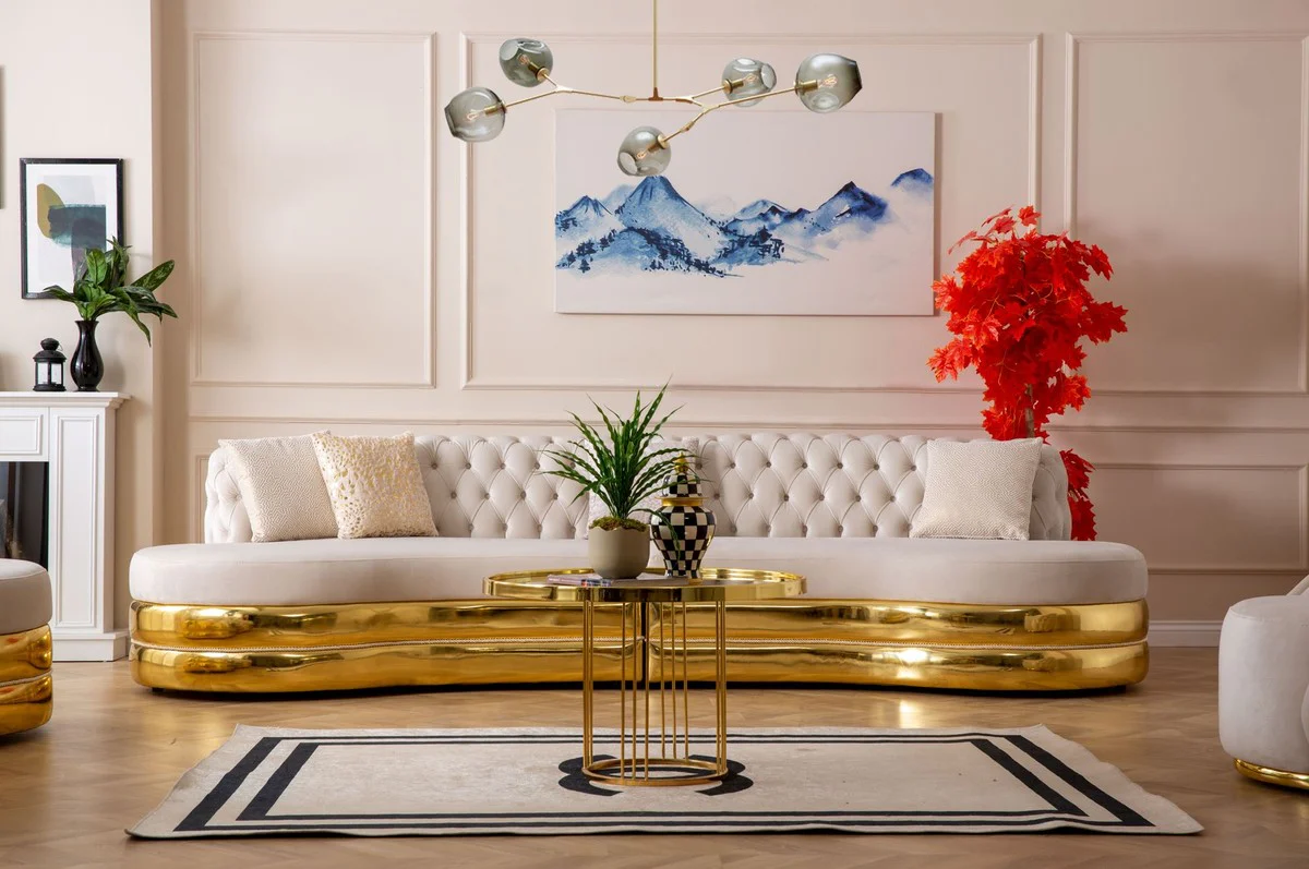 Luxury Chesterfield 4 seater sofa cream / gold 340 x 105 x H. 82 cm - Curved Chesterfield living room sofa - Living room furniture - Chesterfield furniture - Luxury furniture - Luxury furnishings