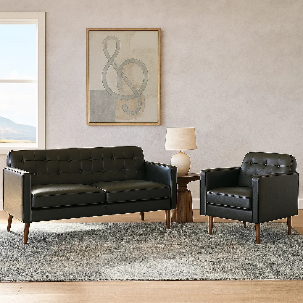Sofagarnitur, 2-Sitzer-Sofa und Sessel, Holzrahmen, Schaumstoffpolsterung, Kunstlederbezug, schwarz, für das Wohnzimmer, 2-Sitzer-Sofa 180 x 75 x 80 cm, Sessel 85 x 75 x 80 cm - eWS6WIX8XwSr