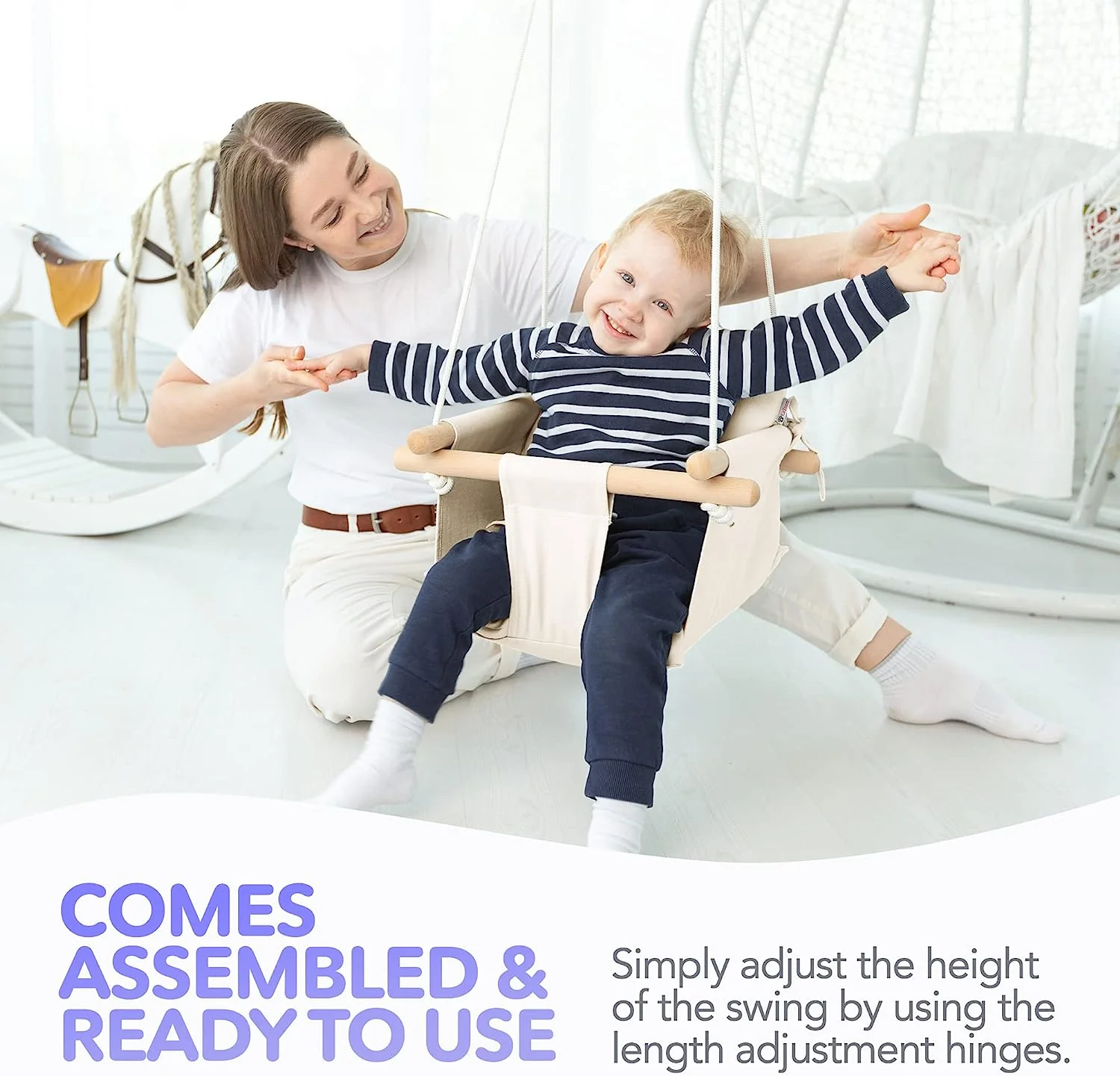 Babyschaukel aus Segeltuch, hängender Schaukelsitz aus Holz mit Sicherheitsgurt, langlebiger Baby-Hängemattenstuhl, Außen- und Innenschaukel für Kinder, Montagezubehör im Lieferumfang enthalten, Elfenbeinfarben