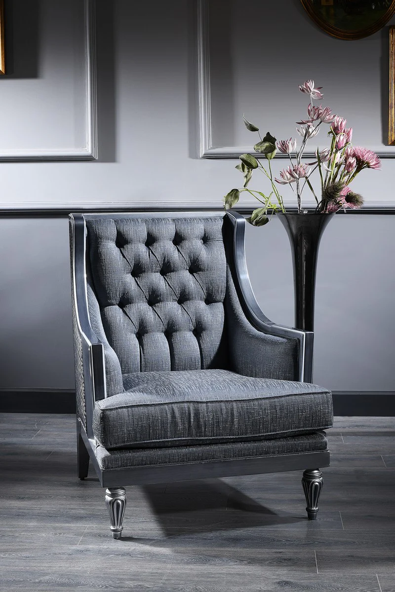 Luxury Baroque Chesterfield living room armchair blue / gray / silver 77 x 76 x H. 100 cm - Baroque furniture