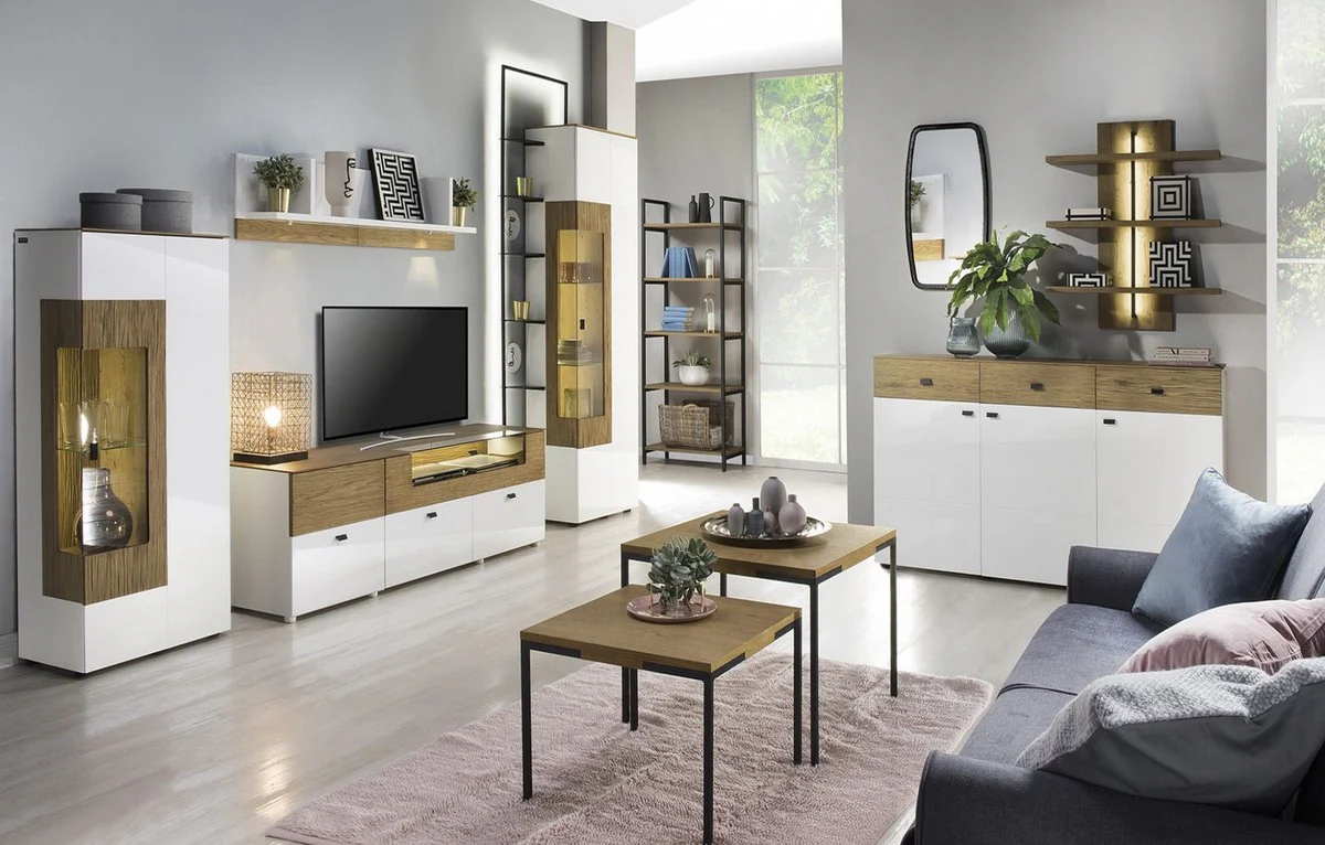 Corner display cabinet white / brown 65.4 x 40 x H. 202 cm - Modern illuminated solid wood display cabinet - Living room cabinet - Living room furniture