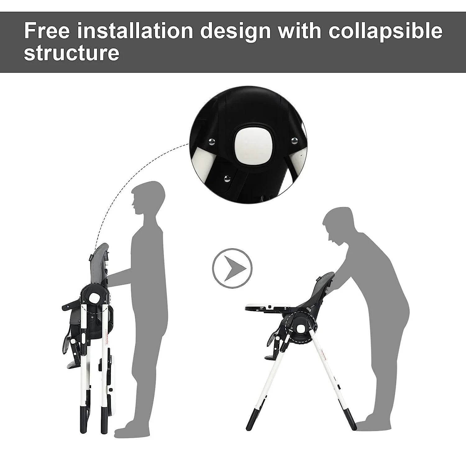 Hochstuhl für Babys und Kleinkinder, faltbarer Hochstuhl mit mehrfach verstellbarer Rückenlehne, Fußstütze und Sitzhöhe, abnehmbarem Tablett, abnehmbarem PU-Lederkissen, integrierten Hinterrädern (schwarz)