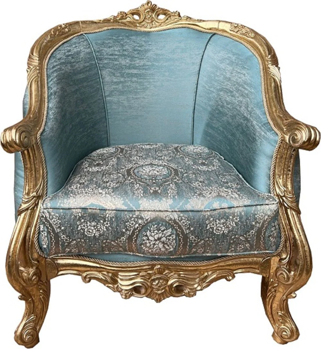 Luxury Baroque Living Room Set Turquoise Pattern / Gold - 2 Baroque Sofas & 2 Baroque Armchairs & 1 Baroque Coffee Table - Luxury Living Room Furniture in Baroque Style - Baroque Furniture - Noble & Magnificent