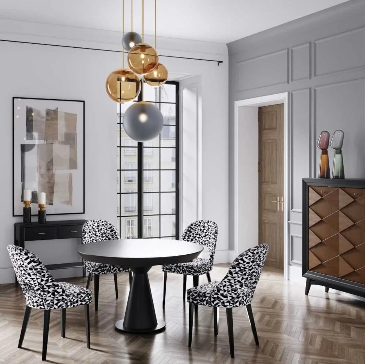 Luxury Art Deco dining chair set of 4 white / gray / black 49 x 61 x H. 89 cm - Elegant kitchen chairs with pattern - Dining room furniture - Luxury furniture - Art Deco furniture - Luxury furnishings