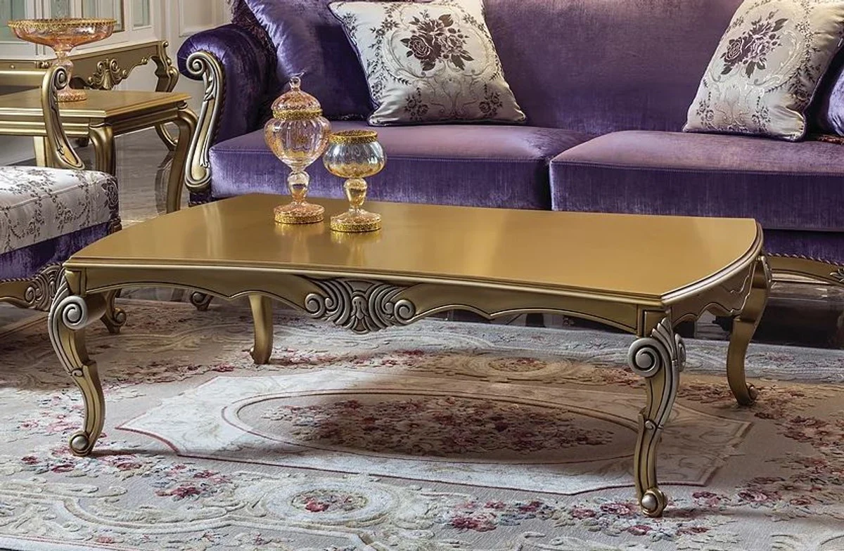 Luxury baroque coffee table gold / silver 136 x 89 x H. 44 cm - noble solid wood living room table in baroque style - baroque style living room furniture