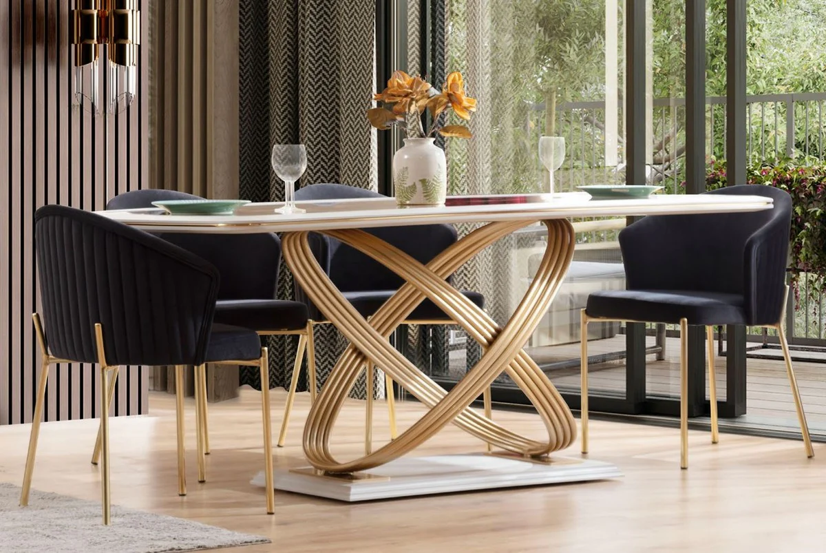 Luxury dining table with glass top white / gold 207 x 97 x H. 79 cm - Dining room furniture - Luxury furniture - Luxury collection