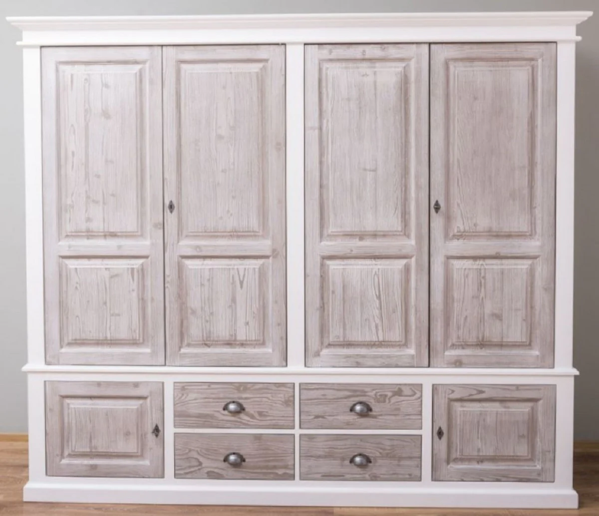 Country house style bedroom wardrobe white / natural colors 232 x 59 x H. 197 cm - solid wood wardrobe with 6 doors and 4 drawers - solid wood bedroom furniture in country house style