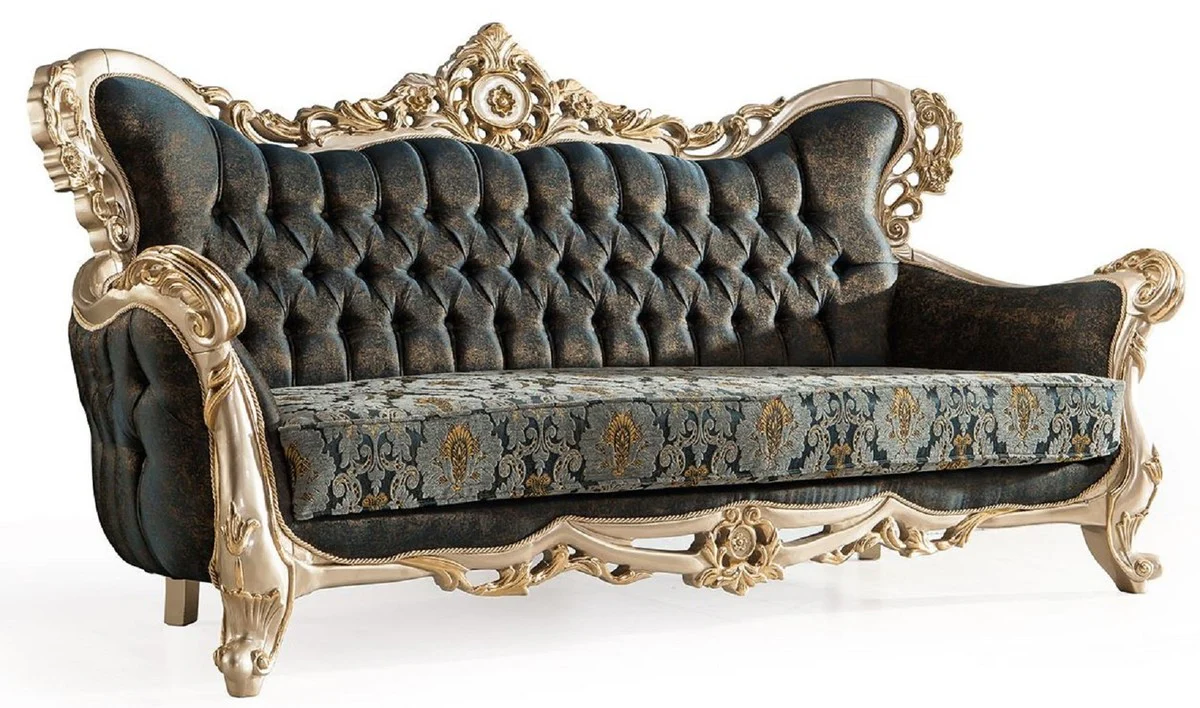 Luxury Baroque Sofa Dark Blue / Turquoise / Silver / Gold - Magnificent Living Room Sofa - Baroque Living Room Furniture - Noble & Magnificent