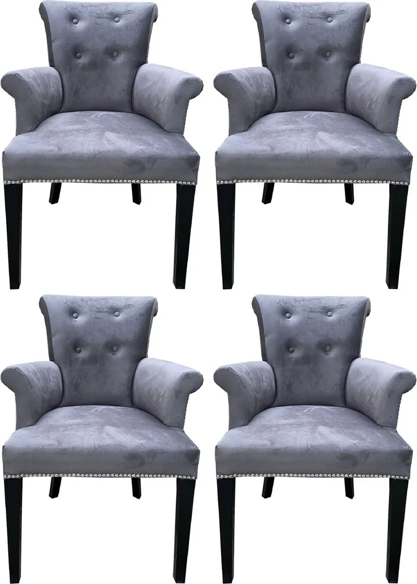 Luxury dining room chair set of 4 gray / black - solid wood kitchen chairs with armrests and elegant velvet fabric - luxury dining room & restaurant furniture