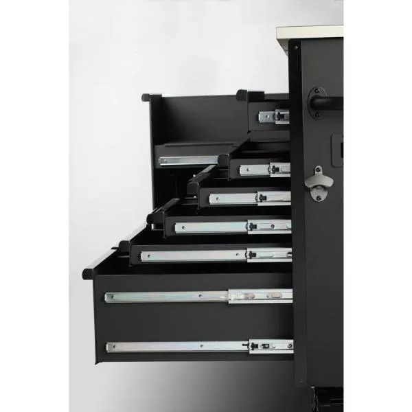 W 11-DRAWER, DEEP TOOL CHEST MOBILE WORKBENCH IN MATTE BLACK MIT FLIP-TOP STAINLESS STEEL TOP